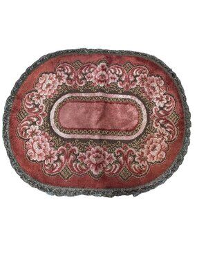 Vintage Oval Floral Rug With Metallic Gold Trim 17"x13" Red Pink Brown Accent Ma